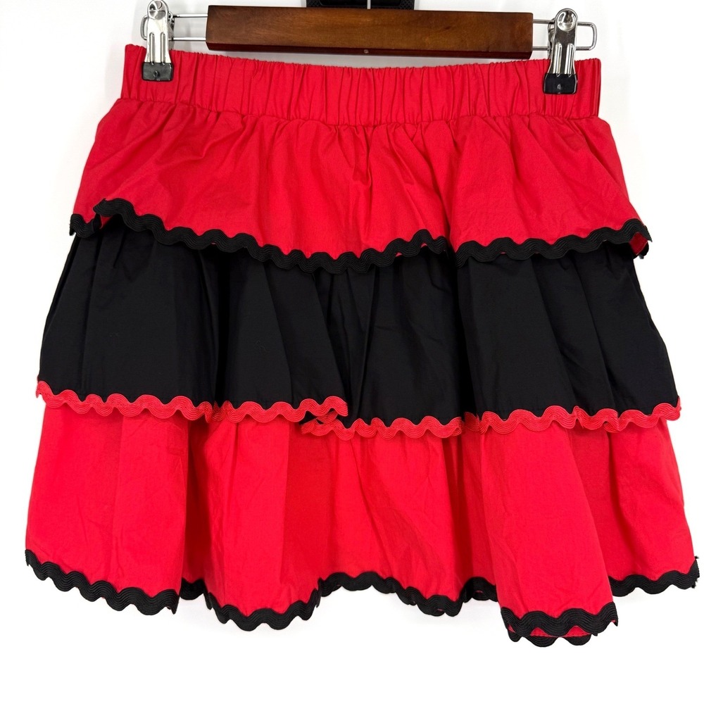 Peach Love California Large Mini Skirt Red Black Tiered Ruffle Ric Rac Game Day